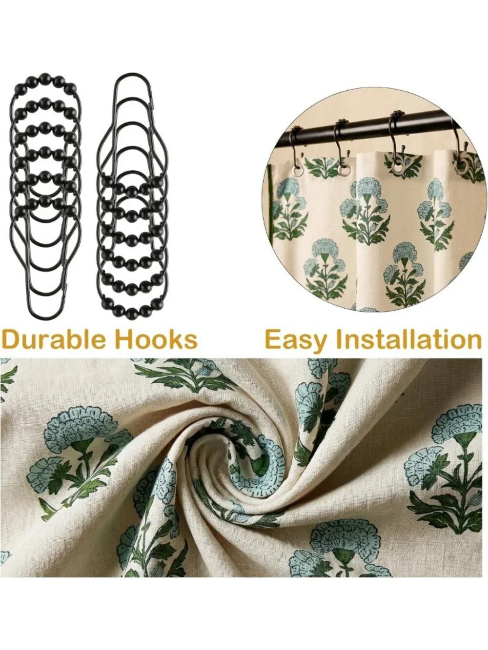 Scalloped Block Print Shower Curtain Set with 12 Hooks - Stylish Bathroom Decor